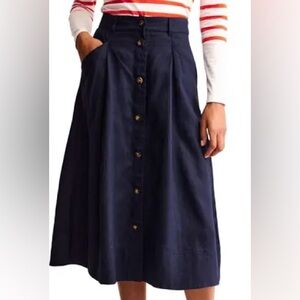 Boden Midi Skirt Dark Navy Blue Button Front Linen Petite A-Line Petra Utility